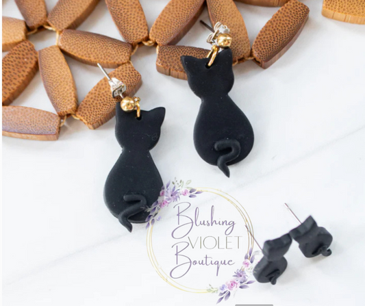 Black kitty clay earrings