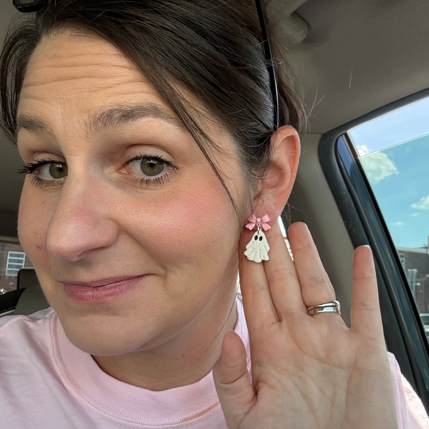 Spooky bow ghost clay earrings