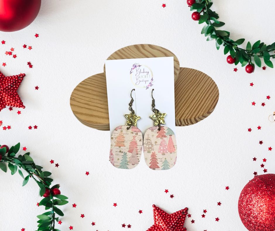Pink Christmas genuine leather Earrings