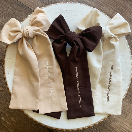 Grateful Thankful Blessed embroidered bow