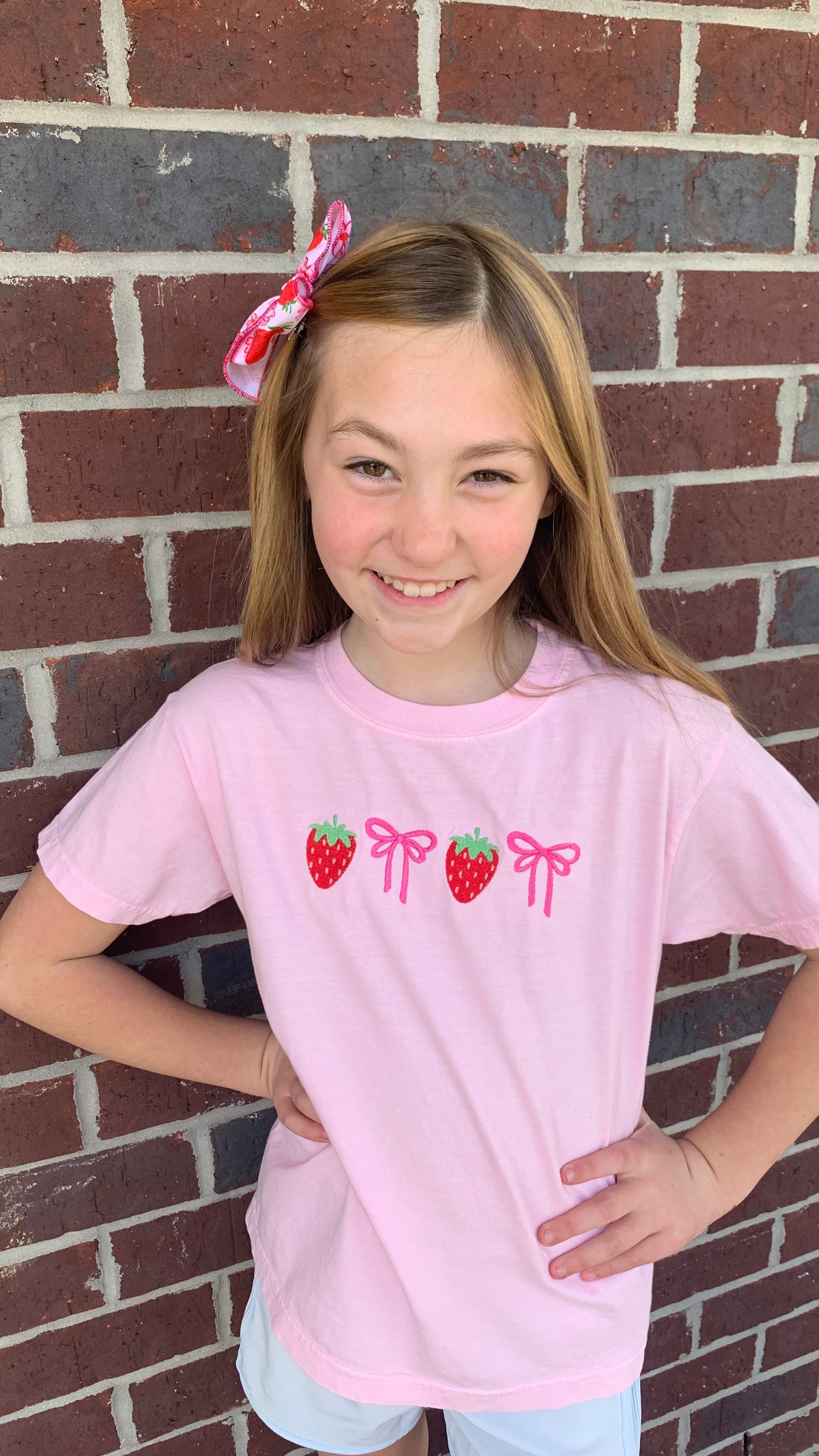 Strawberries & bows embroidered tee