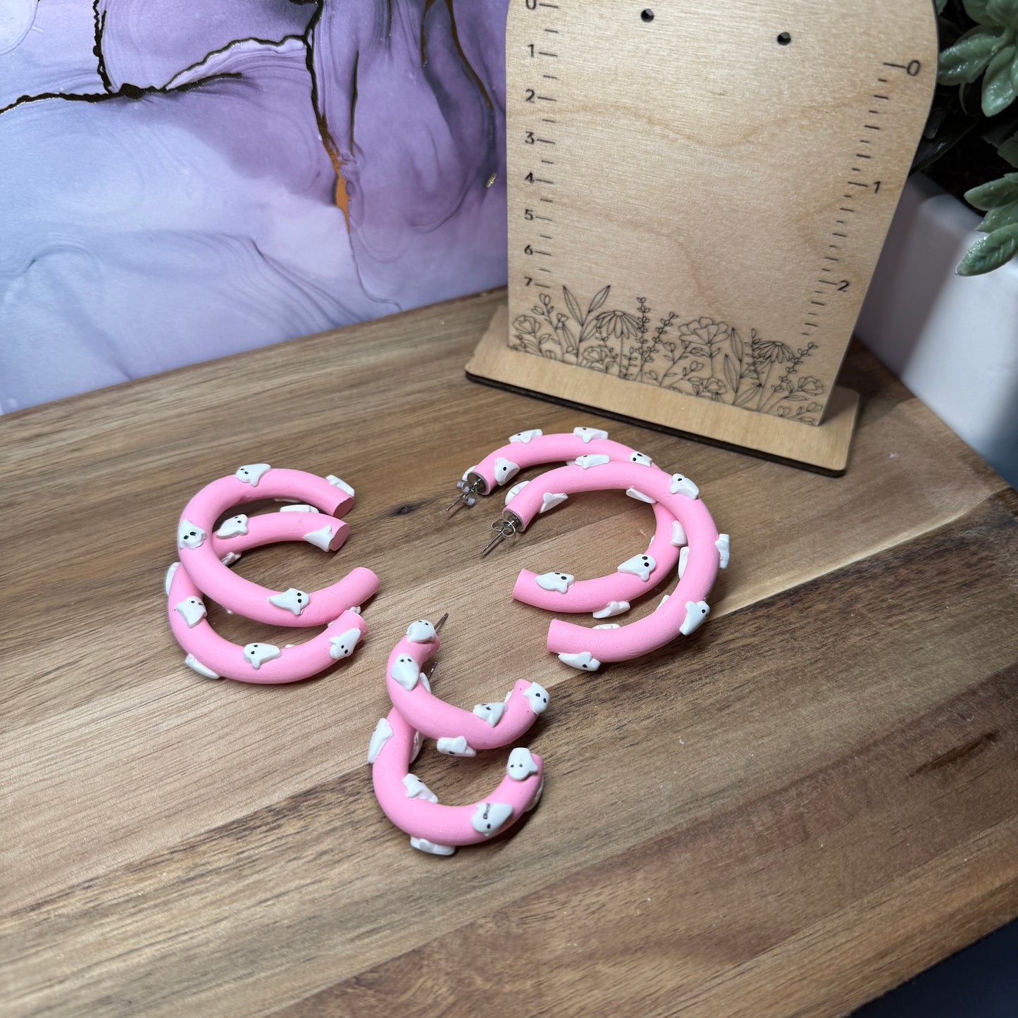Spooky Pink Hoop clay earrings