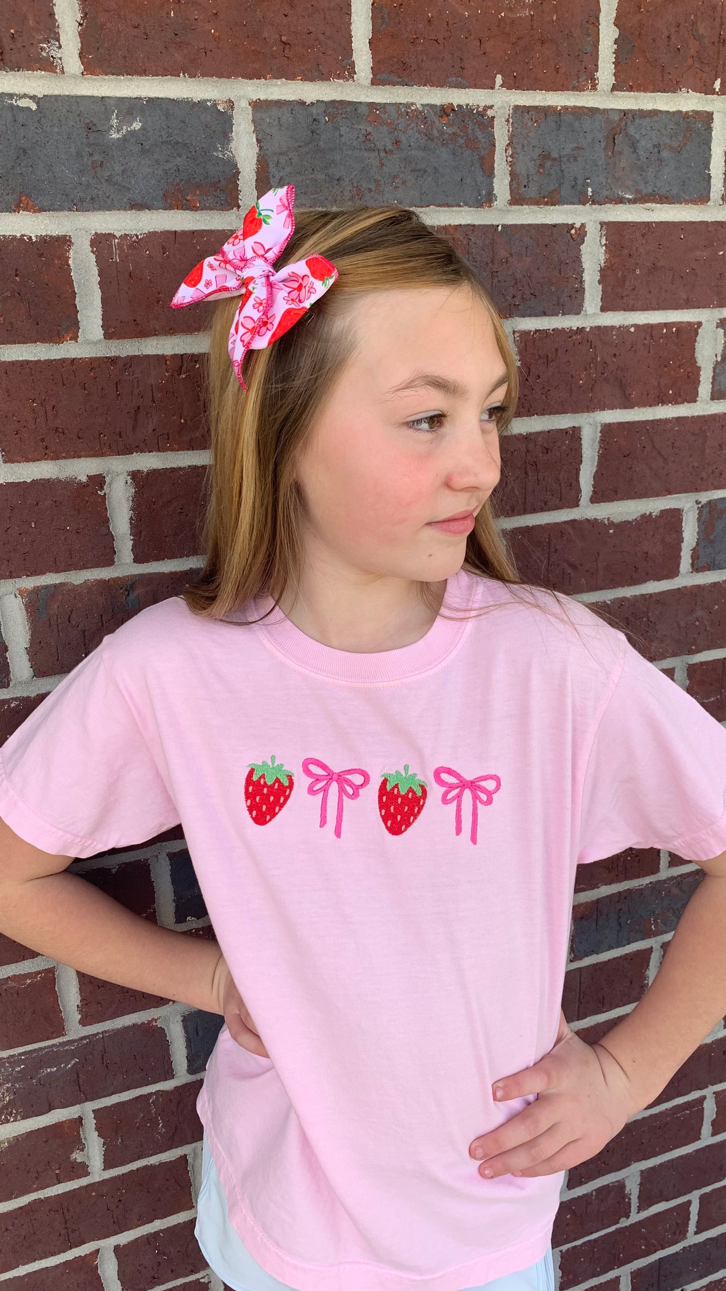Strawberries & bows embroidered tee