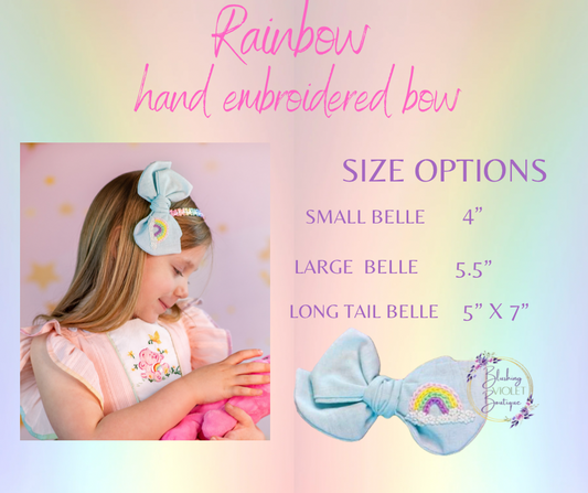 Hand embroidered rainbow bow